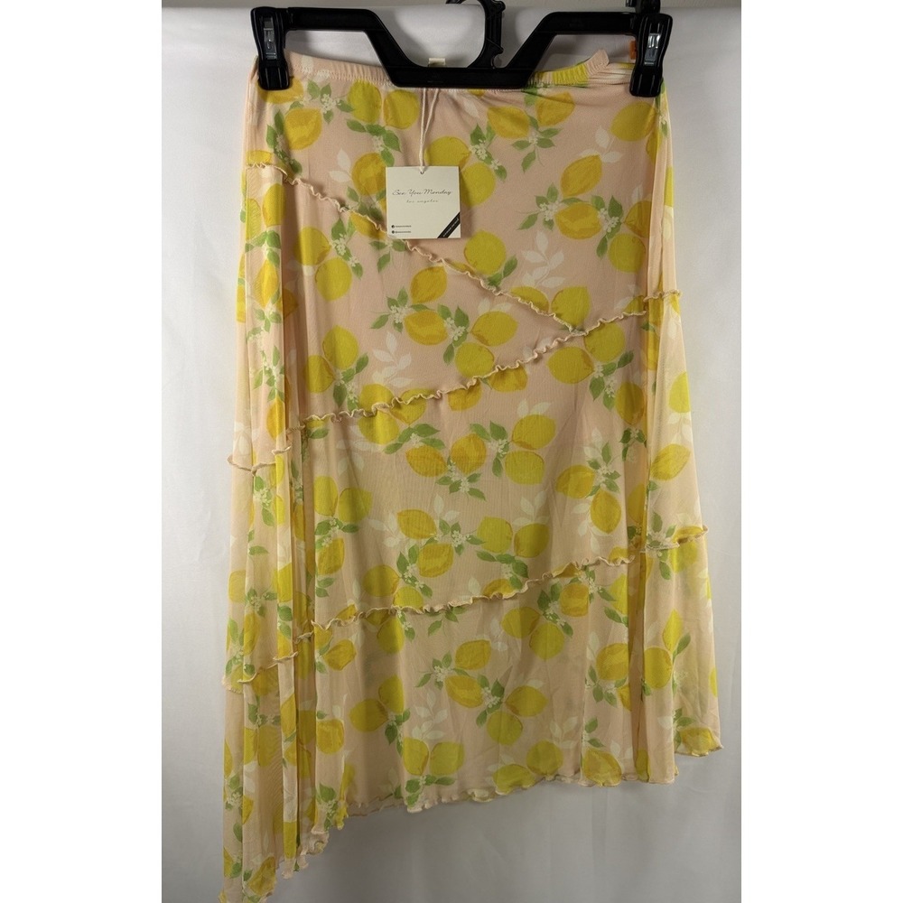 See You Monday Pink Lemon Print Flowy Asymmetrical Midi Skirt Size Small NWT